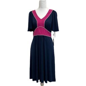 Vicky Tiel Navy Blue & Hot Pink Flowy Mod Retro Slit Sleeve Midi Dress